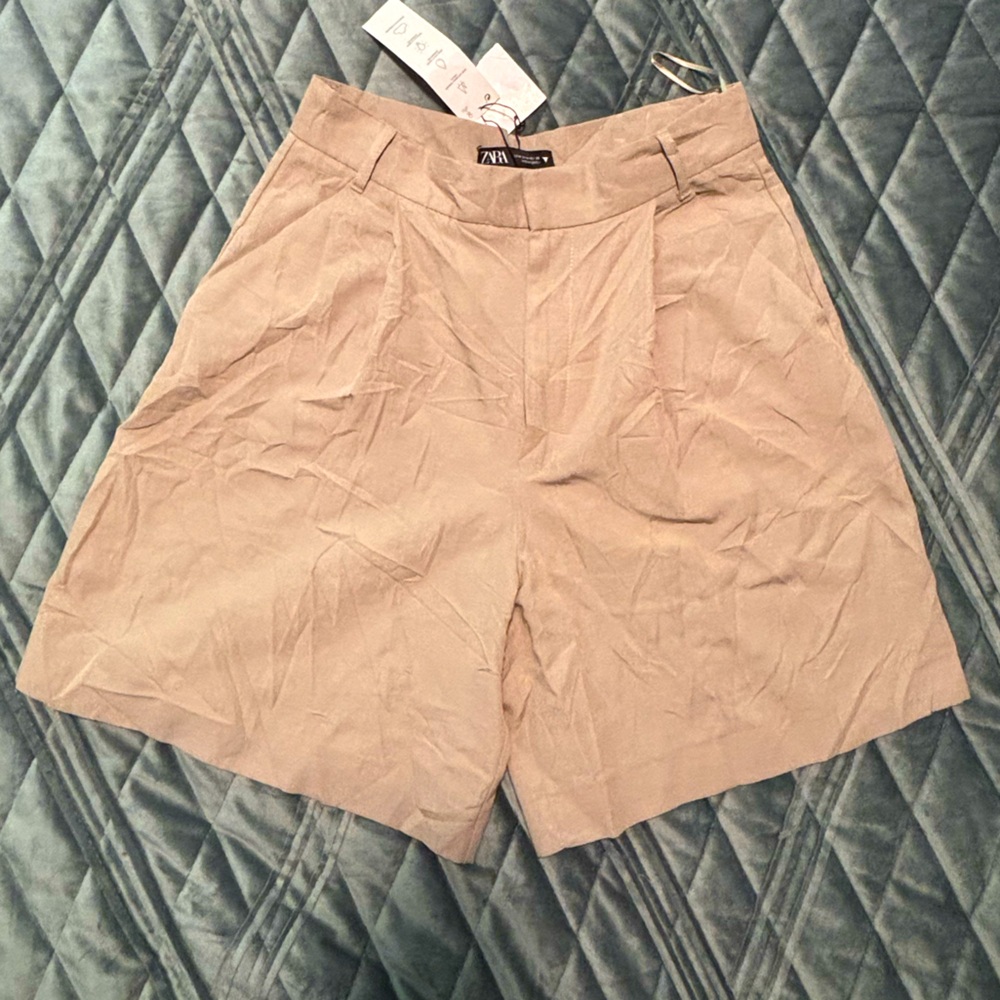 Zara High-Waist Linen Blend Pleated Shorts, Dark Tan, Sz Medium
